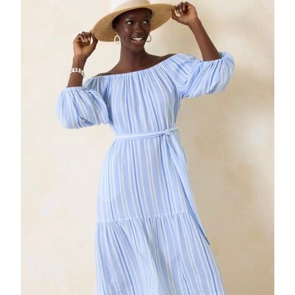 NWT Womens Tommy Bahama Island Gauze Blue White Stripe‎ Flowy Dress Size Medium - Picture 1 of 14